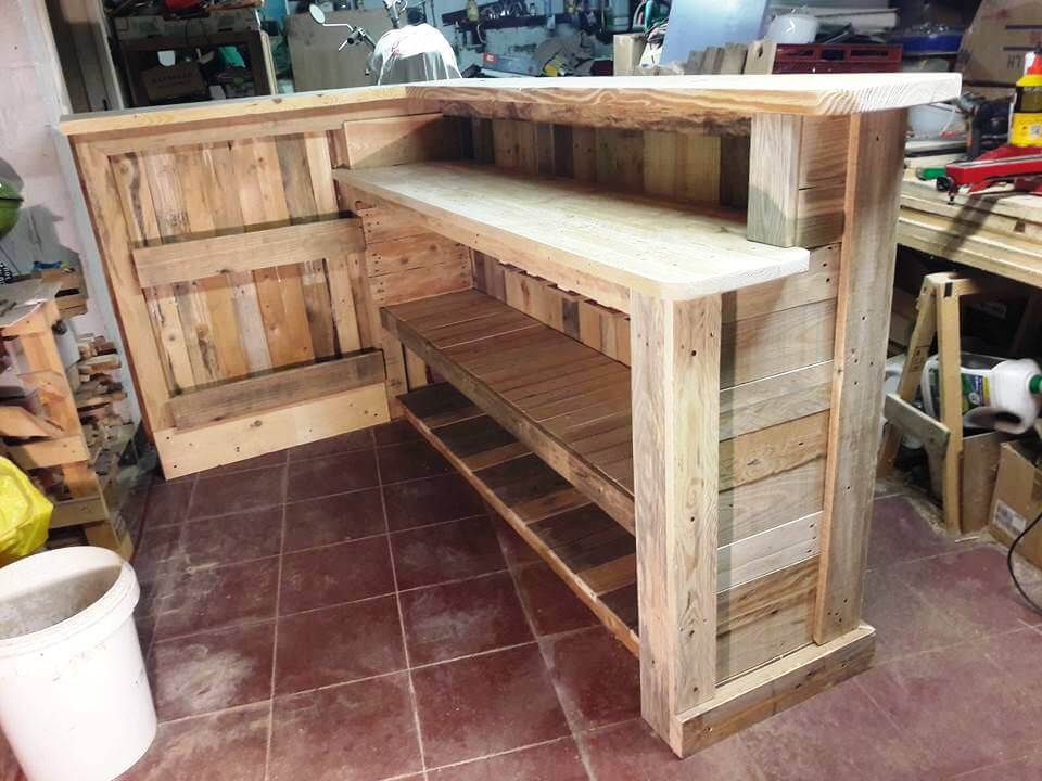Diy Pallet Bar With Custom Built In Shelves Easy Ideas Diy Pallet Bar With Custom Built In, L Shaped Outdoor Bar Plans Free